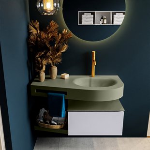 MONDIAZ RIVA 100cm badmeubel onderkast / planchet kleur Cale met 1 lade. Wastafel DULCET rechts 1 kraangat kleur Army.