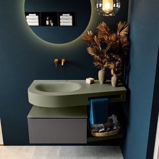 MONDIAZ RIVA 100cm badmeubel onderkast / planchet kleur Dark_Grey met 1 lade. Wastafel DULCET links 0 kraangaten kleur Army.