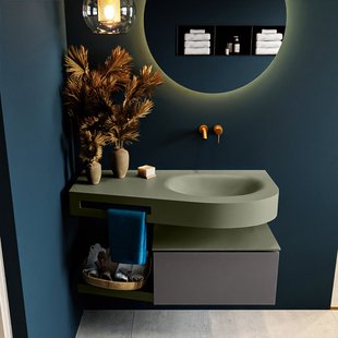 MONDIAZ RIVA 100cm badmeubel onderkast / planchet kleur Dark_Grey met 1 lade. Wastafel DULCET rechts 0 kraangaten kleur Army.