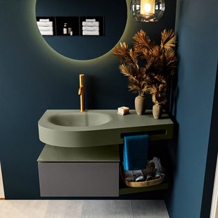 MONDIAZ RIVA 100cm badmeubel onderkast / planchet kleur Dark_Grey met 1 lade. Wastafel DULCET links 1 kraangat kleur Army.