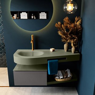 MONDIAZ RIVA 120cm badmeubel onderkast / planchet kleur Dark_Grey met 1 lade. Wastafel DULCET links 1 kraangat kleur Army.