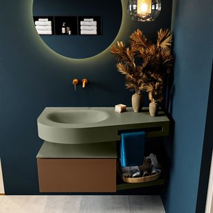 MONDIAZ RIVA 100cm badmeubel onderkast / planchet kleur Rust met 1 lade. Wastafel DULCET links 0 kraangaten kleur Army.