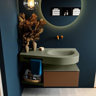 MONDIAZ RIVA 100cm badmeubel onderkast / planchet kleur Rust met 1 lade. Wastafel DULCET rechts 0 kraangaten kleur Army.