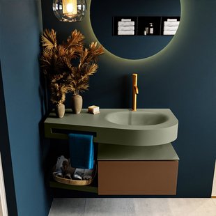 MONDIAZ RIVA 100cm badmeubel onderkast / planchet kleur Rust met 1 lade. Wastafel DULCET rechts 1 kraangat kleur Army.