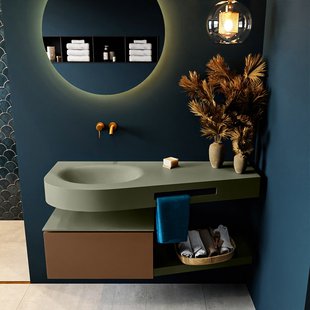 MONDIAZ RIVA 120cm badmeubel onderkast / planchet kleur Rust met 1 lade. Wastafel DULCET links 0 kraangaten kleur Army.