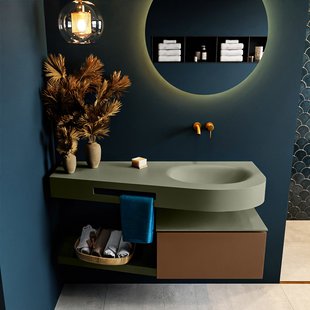 MONDIAZ RIVA 120cm badmeubel onderkast / planchet kleur Rust met 1 lade. Wastafel DULCET rechts 0 kraangaten kleur Army.