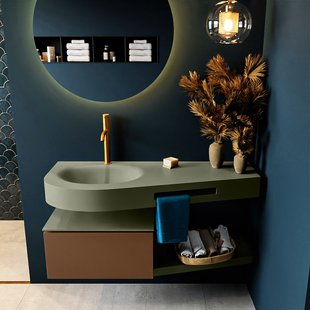 MONDIAZ RIVA 120cm badmeubel onderkast / planchet kleur Rust met 1 lade. Wastafel DULCET links 1 kraangat kleur Army.