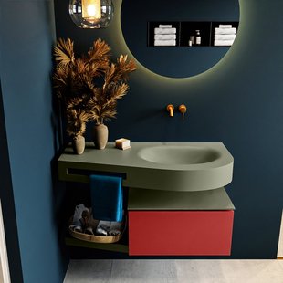 MONDIAZ RIVA 100cm badmeubel onderkast / planchet kleur Fire met 1 lade. Wastafel DULCET rechts 0 kraangaten kleur Army.