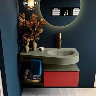 MONDIAZ RIVA 100cm badmeubel onderkast / planchet kleur Fire met 1 lade. Wastafel DULCET rechts 1 kraangat kleur Army.