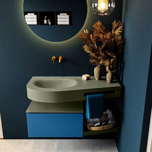 MONDIAZ RIVA 100cm badmeubel onderkast / planchet kleur Jeans met 1 lade. Wastafel DULCET links 0 kraangaten kleur Army.