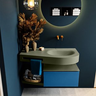 MONDIAZ RIVA 100cm badmeubel onderkast / planchet kleur Jeans met 1 lade. Wastafel DULCET rechts 0 kraangaten kleur Army.