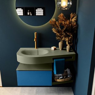 MONDIAZ RIVA 100cm badmeubel onderkast / planchet kleur Jeans met 1 lade. Wastafel DULCET links 1 kraangat kleur Army.