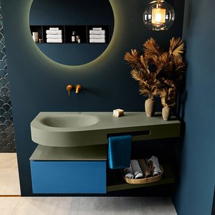MONDIAZ RIVA 120cm badmeubel onderkast / planchet kleur Jeans met 1 lade. Wastafel DULCET links 0 kraangaten kleur Army.