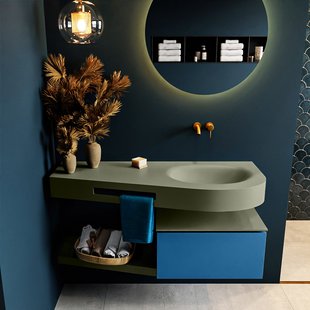 MONDIAZ RIVA 120cm badmeubel onderkast / planchet kleur Jeans met 1 lade. Wastafel DULCET rechts 0 kraangaten kleur Army.