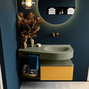 MONDIAZ RIVA 100cm badmeubel onderkast / planchet kleur Ocher met 1 lade. Wastafel DULCET rechts 0 kraangaten kleur Army.