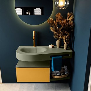 MONDIAZ RIVA 100cm badmeubel onderkast / planchet kleur Ocher met 1 lade. Wastafel DULCET links 1 kraangat kleur Army.