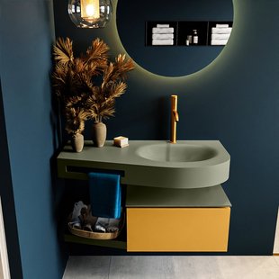 MONDIAZ RIVA 100cm badmeubel onderkast / planchet kleur Ocher met 1 lade. Wastafel DULCET rechts 1 kraangat kleur Army.