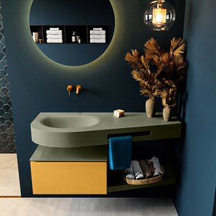 MONDIAZ RIVA 120cm badmeubel onderkast / planchet kleur Ocher met 1 lade. Wastafel DULCET links 0 kraangaten kleur Army.