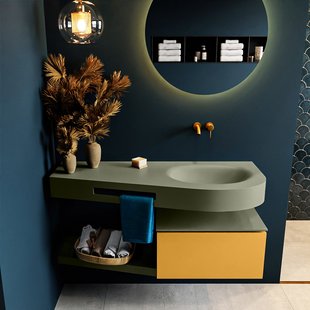 MONDIAZ RIVA 120cm badmeubel onderkast / planchet kleur Ocher met 1 lade. Wastafel DULCET rechts 0 kraangaten kleur Army.
