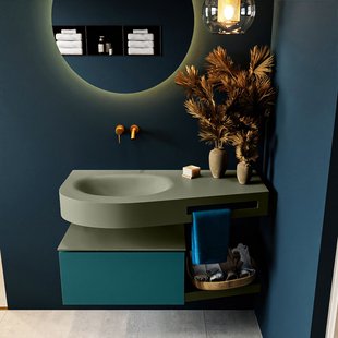 MONDIAZ RIVA 100cm badmeubel onderkast / planchet kleur Smag met 1 lade. Wastafel DULCET links 0 kraangaten kleur Army.