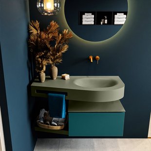 MONDIAZ RIVA 100cm badmeubel onderkast / planchet kleur Smag met 1 lade. Wastafel DULCET rechts 0 kraangaten kleur Army.