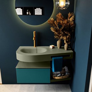 MONDIAZ RIVA 100cm badmeubel onderkast / planchet kleur Smag met 1 lade. Wastafel DULCET links 1 kraangat kleur Army.