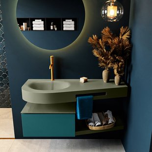 MONDIAZ RIVA 120cm badmeubel onderkast / planchet kleur Smag met 1 lade. Wastafel DULCET links 1 kraangat kleur Army.