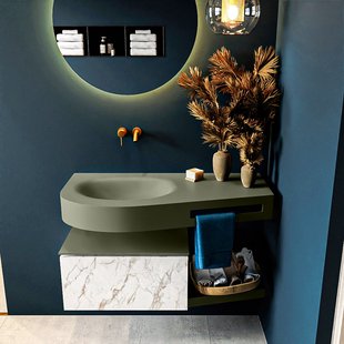 MONDIAZ RIVA 100cm badmeubel onderkast / planchet kleur carrara met 1 lade. Wastafel DULCET links 0 kraangaten kleur Army.