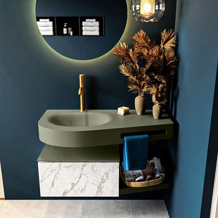 MONDIAZ RIVA 100cm badmeubel onderkast / planchet kleur carrara met 1 lade. Wastafel DULCET links 1 kraangat kleur Army.