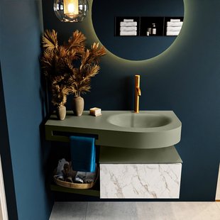 MONDIAZ RIVA 100cm badmeubel onderkast / planchet kleur carrara met 1 lade. Wastafel DULCET rechts 1 kraangat kleur Army.