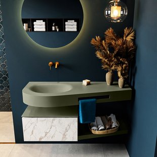 MONDIAZ RIVA 120cm badmeubel onderkast / planchet kleur carrara met 1 lade. Wastafel DULCET links 0 kraangaten kleur Army.