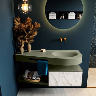 MONDIAZ RIVA 120cm badmeubel onderkast / planchet kleur carrara met 1 lade. Wastafel DULCET rechts 0 kraangaten kleur Army.