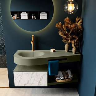 MONDIAZ RIVA 120cm badmeubel onderkast / planchet kleur carrara met 1 lade. Wastafel DULCET links 1 kraangat kleur Army.