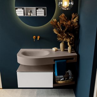 MONDIAZ RIVA 100cm badmeubel onderkast / planchet kleur Talc met 1 lade. Wastafel DULCET links 0 kraangaten kleur Smoke.