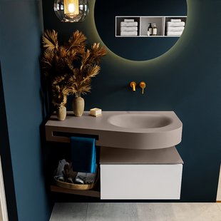 MONDIAZ RIVA 100cm badmeubel onderkast / planchet kleur Talc met 1 lade. Wastafel DULCET rechts 0 kraangaten kleur Smoke.