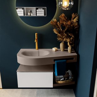 MONDIAZ RIVA 100cm badmeubel onderkast / planchet kleur Talc met 1 lade. Wastafel DULCET links 1 kraangat kleur Smoke.