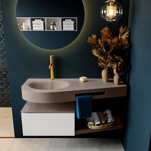 MONDIAZ RIVA 120cm badmeubel onderkast / planchet kleur Talc met 1 lade. Wastafel DULCET links 1 kraangat kleur Smoke.