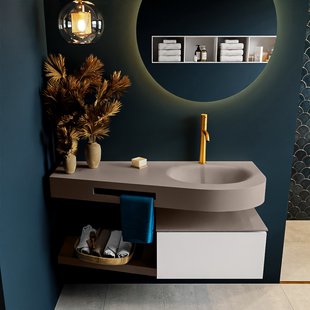 MONDIAZ RIVA 120cm badmeubel onderkast / planchet kleur Talc met 1 lade. Wastafel DULCET rechts 1 kraangat kleur Smoke.