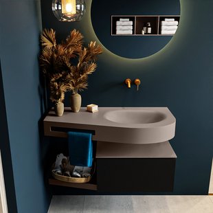 MONDIAZ RIVA 100cm badmeubel onderkast / planchet kleur Urban met 1 lade. Wastafel DULCET rechts 0 kraangaten kleur Smoke.