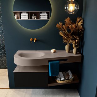 MONDIAZ RIVA 120cm badmeubel onderkast / planchet kleur Urban met 1 lade. Wastafel DULCET links 0 kraangaten kleur Smoke.