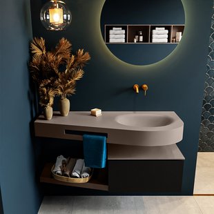 MONDIAZ RIVA 120cm badmeubel onderkast / planchet kleur Urban met 1 lade. Wastafel DULCET rechts 0 kraangaten kleur Smoke.