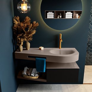 MONDIAZ RIVA 120cm badmeubel onderkast / planchet kleur Urban met 1 lade. Wastafel DULCET rechts 1 kraangat kleur Smoke.