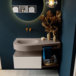 MONDIAZ RIVA 100cm badmeubel onderkast / planchet kleur Linen met 1 lade. Wastafel DULCET links 0 kraangaten kleur Smoke.