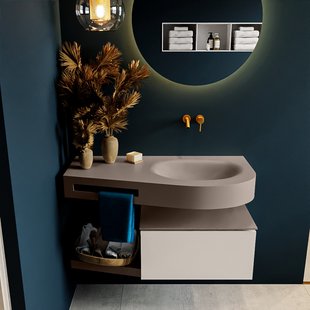 MONDIAZ RIVA 100cm badmeubel onderkast / planchet kleur Linen met 1 lade. Wastafel DULCET rechts 0 kraangaten kleur Smoke.