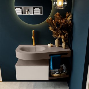 MONDIAZ RIVA 100cm badmeubel onderkast / planchet kleur Linen met 1 lade. Wastafel DULCET links 1 kraangat kleur Smoke.