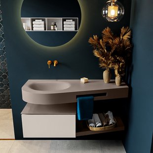 MONDIAZ RIVA 120cm badmeubel onderkast / planchet kleur Linen met 1 lade. Wastafel DULCET links 0 kraangaten kleur Smoke.