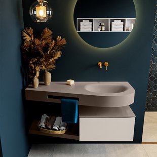 MONDIAZ RIVA 120cm badmeubel onderkast / planchet kleur Linen met 1 lade. Wastafel DULCET rechts 0 kraangaten kleur Smoke.