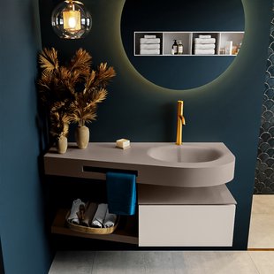 MONDIAZ RIVA 120cm badmeubel onderkast / planchet kleur Linen met 1 lade. Wastafel DULCET rechts 1 kraangat kleur Smoke.