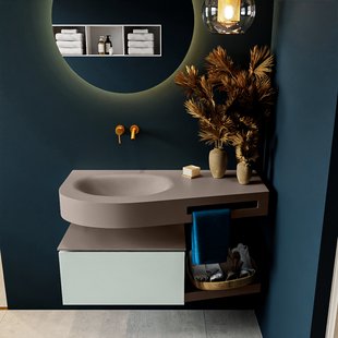 MONDIAZ RIVA 100cm badmeubel onderkast / planchet kleur Greey met 1 lade. Wastafel DULCET links 0 kraangaten kleur Smoke.