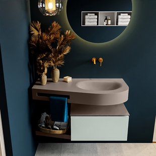 MONDIAZ RIVA 100cm badmeubel onderkast / planchet kleur Greey met 1 lade. Wastafel DULCET rechts 0 kraangaten kleur Smoke.